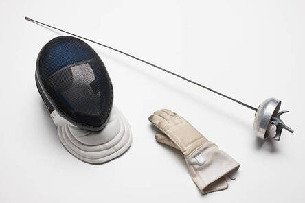 mask glove and ergonomic grip epee representing rental gaer