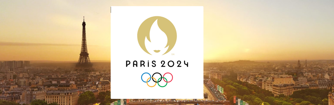 Paris 2024 olympic logo with Eiffel Tower and Paris city in background